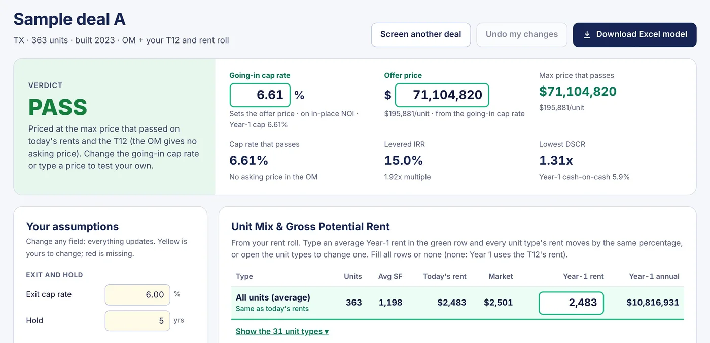 The Deal Screener's result for a sample deal: Pass, the max price that passes, the cap rate, IRR and DSCR