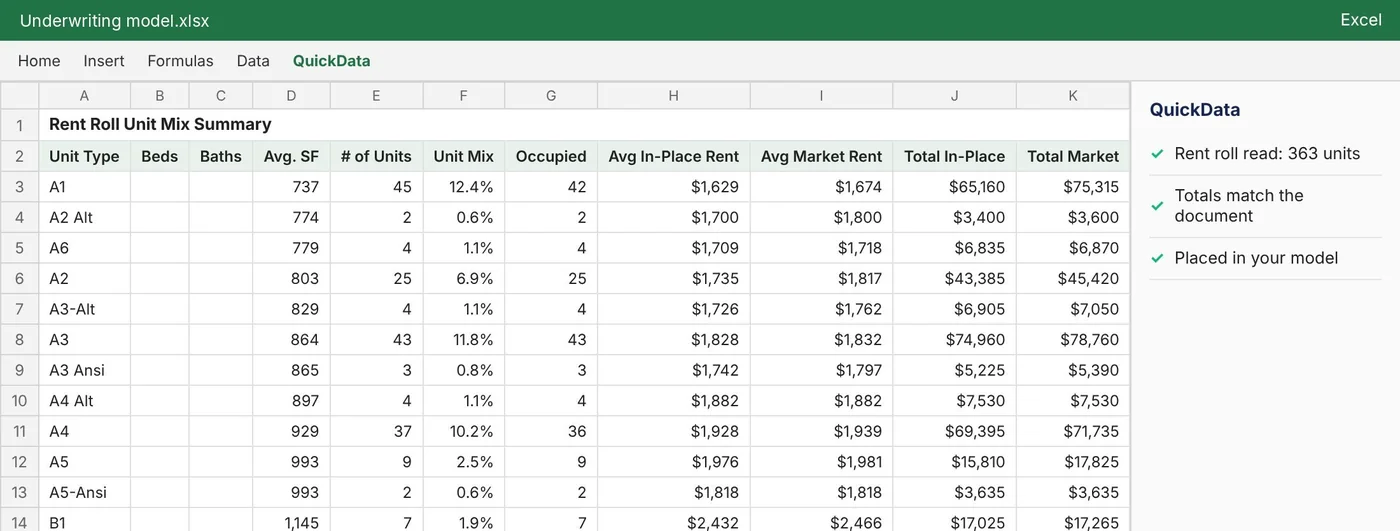 The Excel Add-In: a rent roll's unit mix placed in an underwriting model, with the totals checked